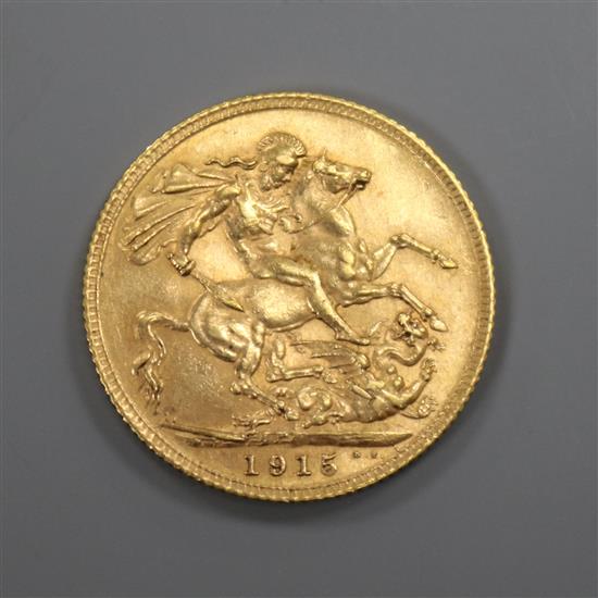 A George V 1915 gold full sovereign, London mint, GVF.